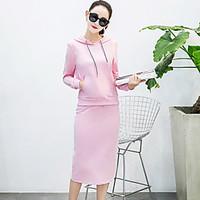 Model real shot Autumn new Korean hooded long-sleeved sweater skirt two-piece split temperament tide