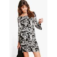 Mono Paisley Flared Sleeve Bodycon Dress - black