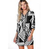 Mono Print Belted Shirt Dress - black