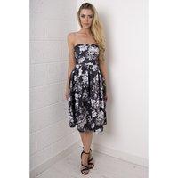 monochrome floral strapless mid length dress