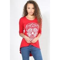 Monica Skull Print 3/4 Sleeves Hi Lo Top