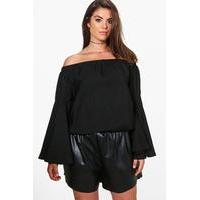 Mollie Woven Extreme Flute Sleeve Top - black