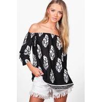 Mono Printed Woven Off The Shoulder Top - black