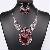MPL European Retro Red Antique Silver Plated Necklace Earrings Set