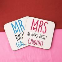 mr mrs always right personalised double coaster set