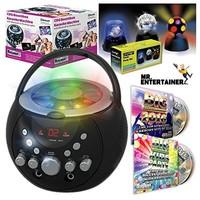 Mr Entertainer Bluetooth Boobmbox Karaoke Machine Package. Includes Party Disco Lights, Chart Hits & Kids Party CDG Songs and Two Mics