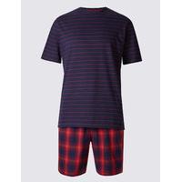 M&S Collection Pure Cotton Striped & Checked Pyjama Short Set