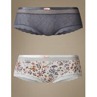 M&S Collection 2 Pack Floral Print & Lace Low Rise Shorts