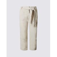 M&S Collection Linen Blend Embroidered Wide Leg Cropped Trousers