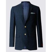 M&S Collection Luxury Navy Pure Linen Striped Tailored Fit Jacket