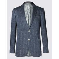 M&S Collection Luxury Navy Pure Linen Striped Tailored Fit Jacket