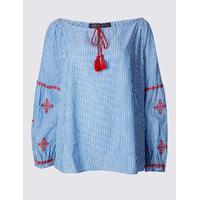 M&S Collection Striped Embroidered Long Sleeve Blouse