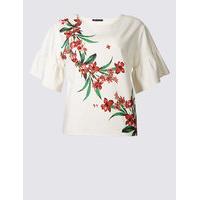 M&S Collection PETITE Floral Print Frill Sleeve T-Shirt