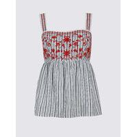 M&S Collection Pure Cotton Striped Embroidered Vest Top