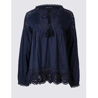 M&S Collection Pure Cotton Cutwork Peasant V-Neck Blouse