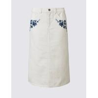 ms collection denim embroidered straight midi skirt