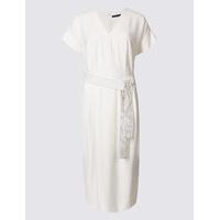 ms collection contrast stitch belted shift midi dress