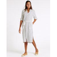 ms collection linen rich dipped hem shirt dress with belt