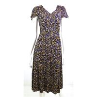 M&S Black Empire Style Dress with Electric Blue, Mustard Yellow and Beige Floral Pattern, Flutter Style Sleeves