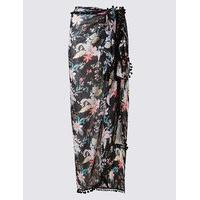 ms collection floral print sarong with pom pom