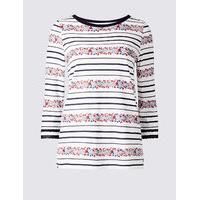M&S Collection Pure Cotton Striped 3/4 Sleeve T-Shirt
