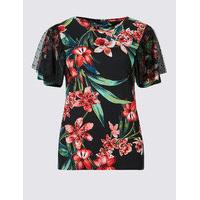 M&S Collection Floral Print Mesh Shoulder T-Shirt