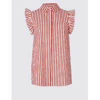 M&S Collection Pure Cotton Striped Ruffle Shirt