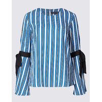 M&S Collection Striped Round Neck Tie Sleeve Blouse