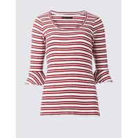 M&S Collection Pure Cotton Striped Flute Sleeve T-Shirt