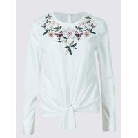 ms collection pure cotton embroidered tie front shell top