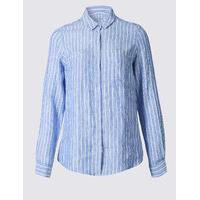 M&S Collection PLUS Pure Linen Striped Long Sleeve Shirt