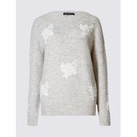 M&S Collection Lace Applique Textured Round Neck Jumper