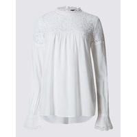 M&S Collection Lace Yoke Flared Cuff Long Sleeve Blouse