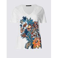 M&S Collection Linen Blend Floral Print T-Shirt