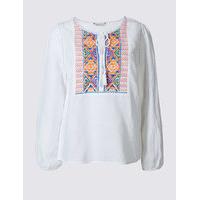 M&S Collection Linen Rich Printed Drawstring Tassel Blouse