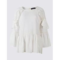 ms collection ruffle round neck flared sleeve blouse