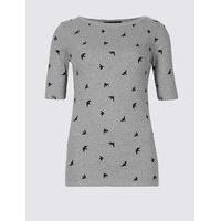 M&S Collection Pure Cotton Bird Print Half Sleeve T-Shirt