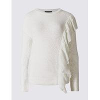 M&S Collection Pure Cotton Ruffle Round Neck Jumper