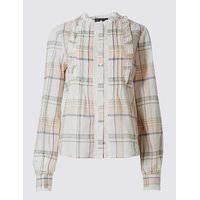 M&S Collection Pure Cotton Checked Vintage Ruffle Blouse