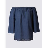 M&S Collection Linen Rich Slash Neck 3/4 Sleeve Bardot Top