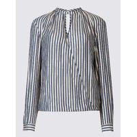 M&S Collection Striped Notch Neck Long Sleeve Blouse