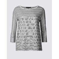 M&S Collection Cotton Rich Striped 3/4 Sleeve T-Shirt