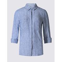 M&S Collection PETITE Pure Linen Striped Long Sleeve Shirt