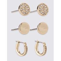 M&S Collection Gold Plated Diamanté Hoop Stud Trio Earrings Set