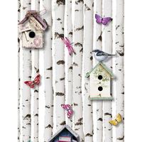 Muriva Bird Box and Butterfly Wallpaper- White - 102549