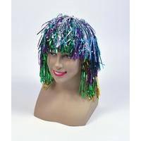 multi coloured tinsel bob wig with fringe