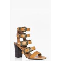 Multi Buckle Gladiator Flared Heel - tan