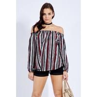 MULTI STRIPE BUTTON BARDOT BLOUSE