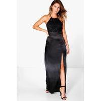 Mura Sequin Top Satin Maxi Dress - black