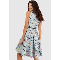 Multi Sleeveless Pleated Belted Dress